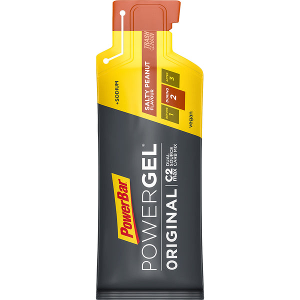 PowerBar gels are nutrition for endurance sports such as cycling and running. This Salty Peanut gel contains no caffeine or nuts. We stock PowerBar at Fueled Athlete.