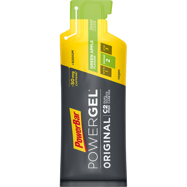 PowerBar gels are nutrition for endurance sports such as cycling and running. This Green Apple gel contains 50mg of caffeine. We stock PowerBar at Fueled Athlete.
