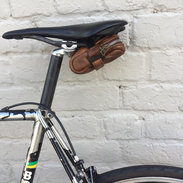 Mango Time Leather Saddlebag for cycling. Put our saddlebag on your bicycle, available at Fueled Athlete. Made in South Africa.